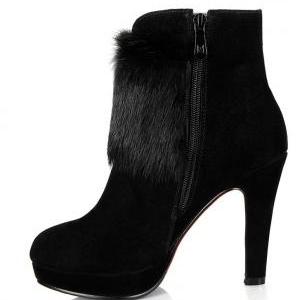 Stylish Faux Fur Side Zipper Buckle High Heel Boots on Luulla