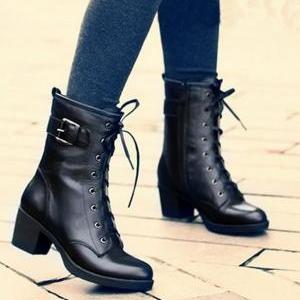 Stylish Lace Up Buckle High Heel Boots