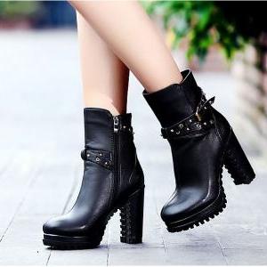 Stylish Side Zipper Buckle Straps Thick High Heel..