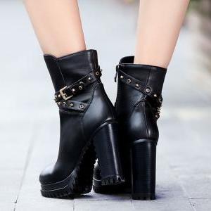 Stylish Side Zipper Buckle Straps Thick High Heel..