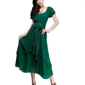Deep Neck Line Flair Skirt Emerald Green Long..