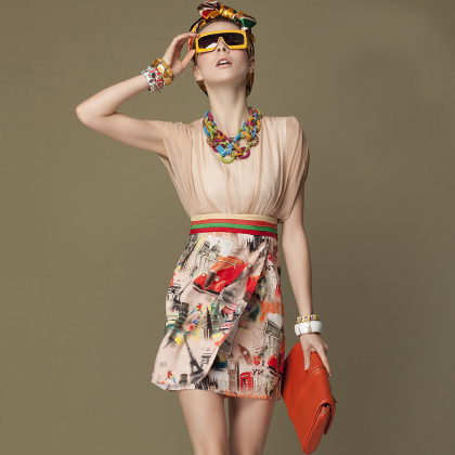 Colorful Vintage Print Two Tone Short Dress on Luulla
