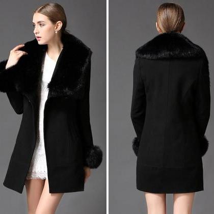 Elegant fur collar double breasted ..