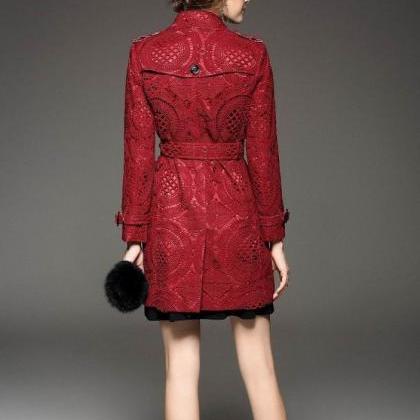 Elegant Double Breasted Red Lace Pattern Coat