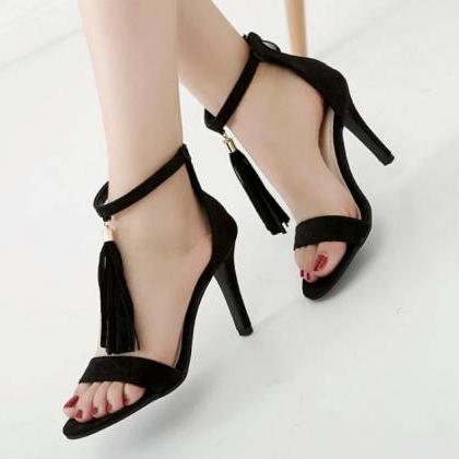 Tassel Black Strap High Heel Sandals