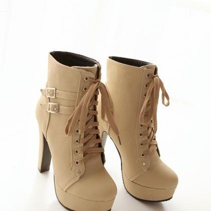 Casual Buckle Straps Lace Up Thin High Heel Boots