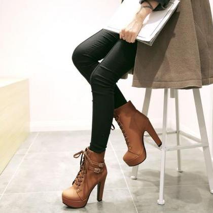 Casual Buckle Straps Lace Up Thin High Heel Boots