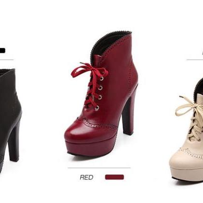 Stylish Lace Up Thick High Heel Boots