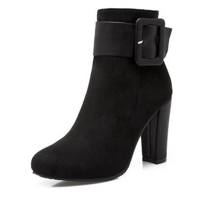 Casual Buckle Strap Thick High Heel Boots