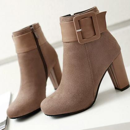 Casual Buckle Strap Thick High Heel Boots