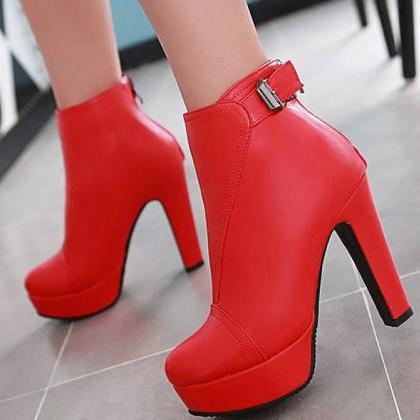 Leather Chunky Heel Ankle Boots Wit..