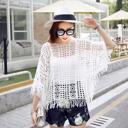 Sexy Lace Crochet Batwing Sleeves White Top