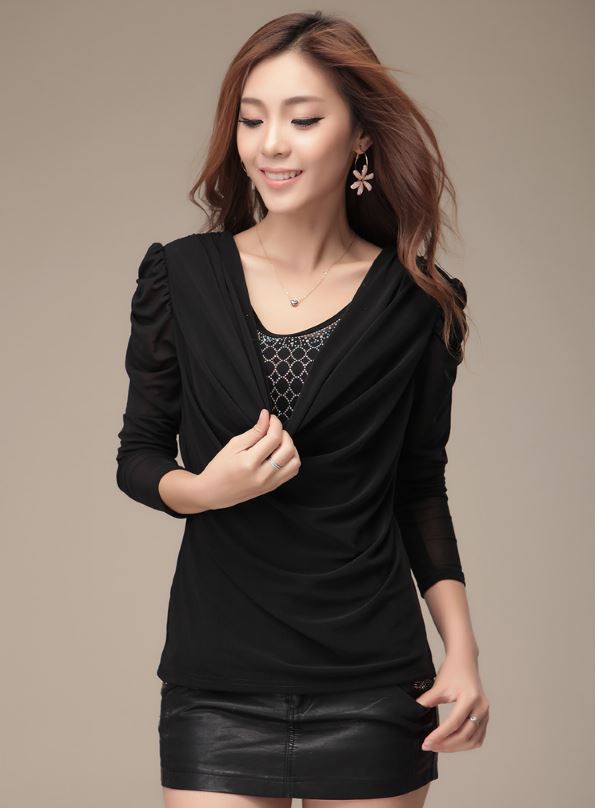 Black Ornate Collar Long Sleeves T-shirt on Luulla