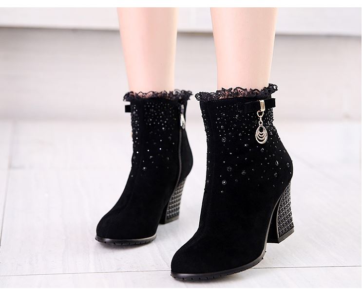 Stylish Side Zipper Rhinestones Decorated High Heel Boots on Luulla