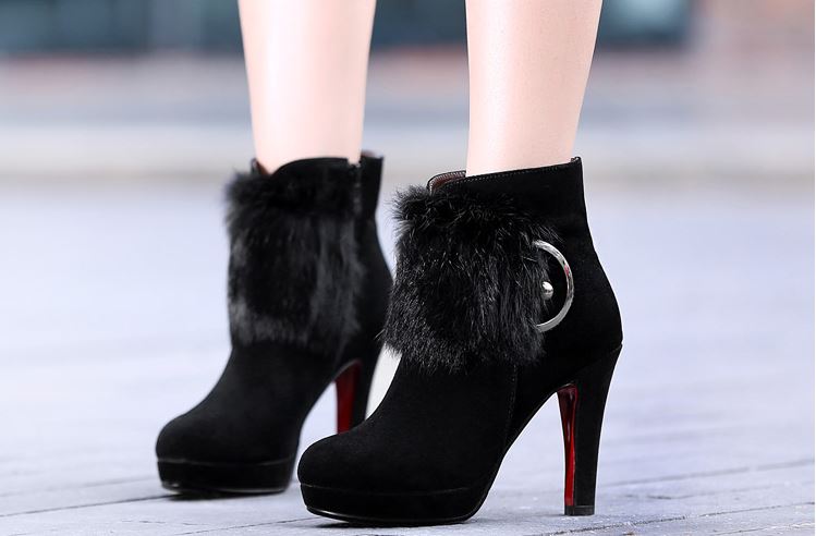 Stylish Faux Fur Side Zipper Buckle High Heel Boots on Luulla