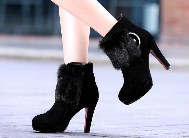 Stylish Faux Fur Side Zipper Buckle High Heel Boots on Luulla