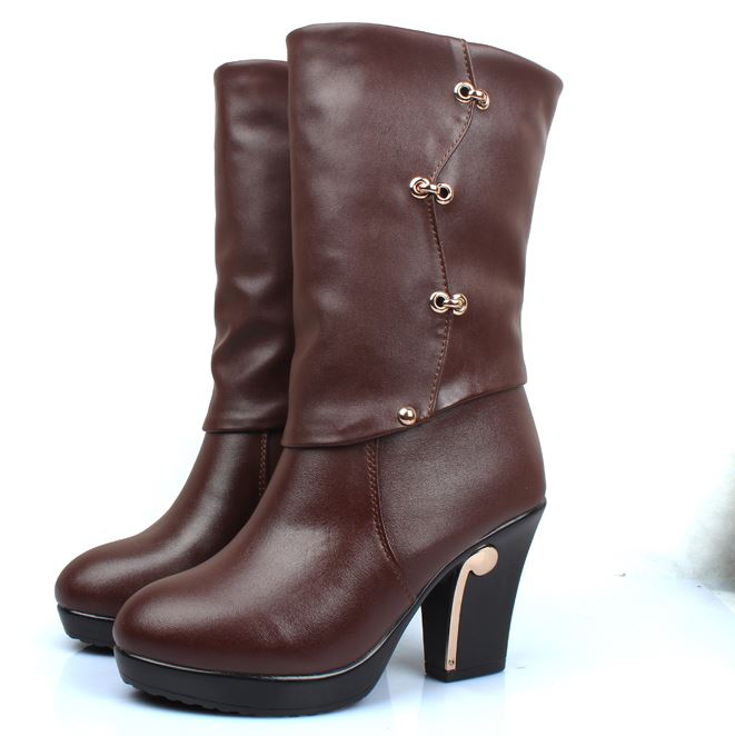 Stylish Side Zipper Buttons Thick High Heel Boots