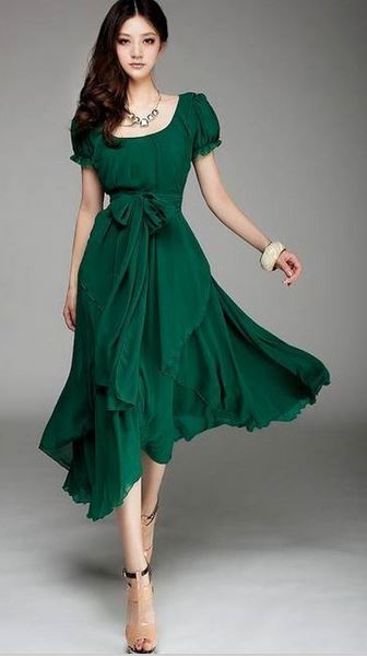 Deep Neck Line Flair Skirt Emerald Green Long Dress