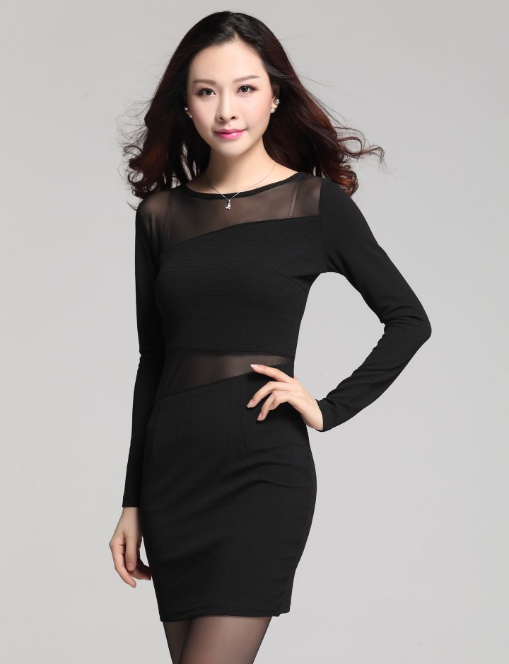 Elegant Slim Fit Gauze Black Short Dress
