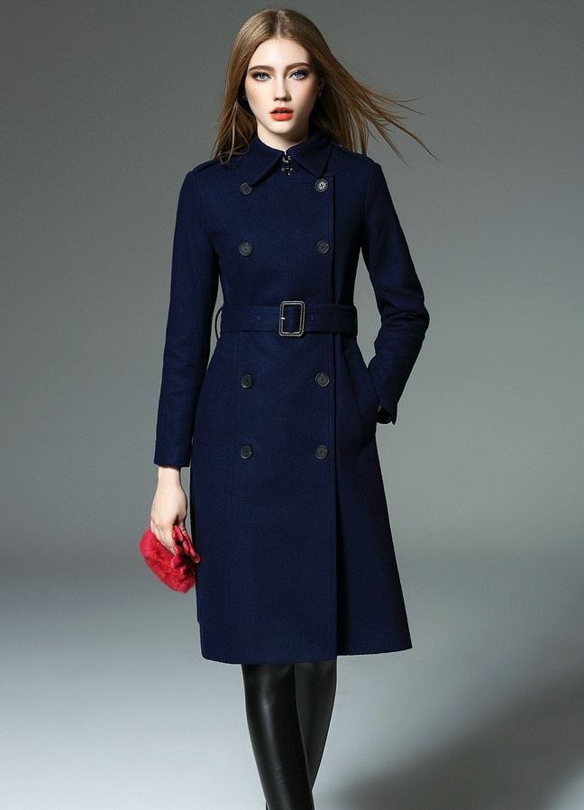 Elegant Navy Blue Double Breasted Long Coat on Luulla