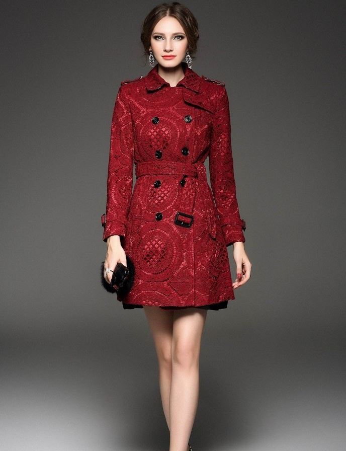 Elegant Double Breasted Red Lace Pattern Coat