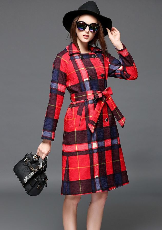 Elegant Double Breasted Red Checkered Pattern Long Coat on Luulla