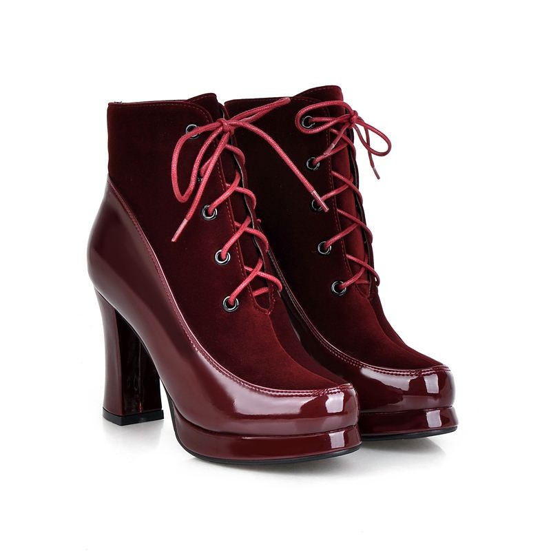 Lace Up Chunky High Ankle Boots With Matte And Shiny High Gloss Finish