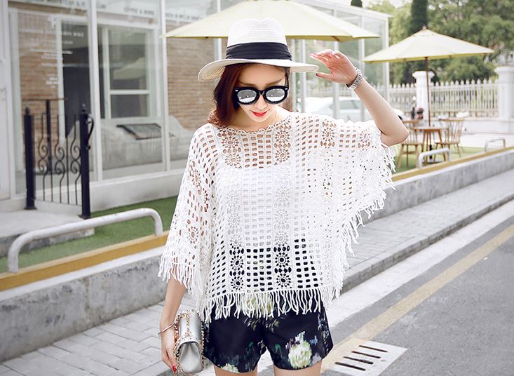 Sexy Lace Crochet Batwing Sleeves White Top