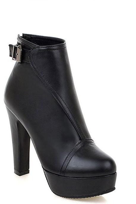 Leather Chunky Heel Ankle Boots With Buckle Straps