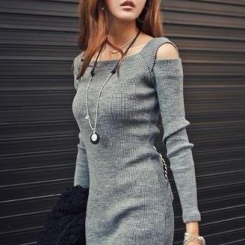 Casual Cut Shoulder Long Sleeves Slim Fitted Dress