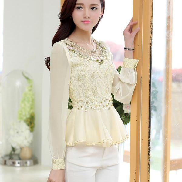 Elegant Flower Decor Neckline Long Sleeves Lace Tops on Luulla