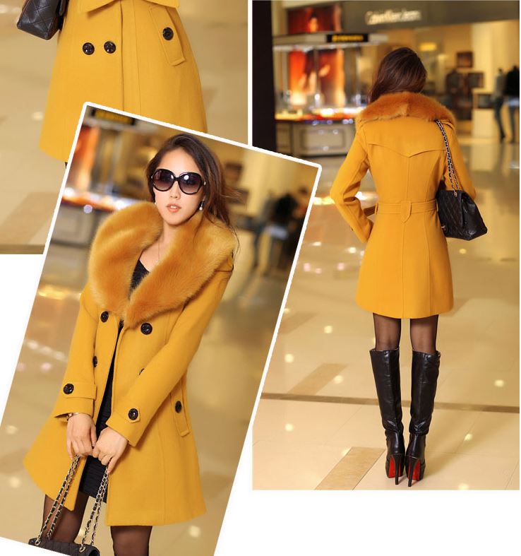 Elegant Fur Collar Double Breasted Long Coat on Luulla