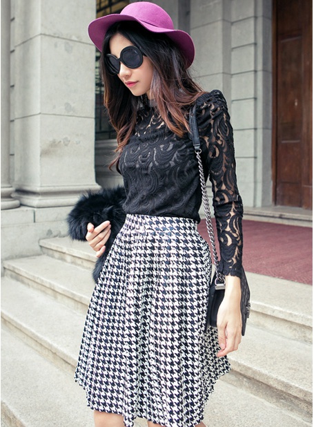 Elegant Lace Top Houndstooth Pattern Skirt Short Dress on Luulla