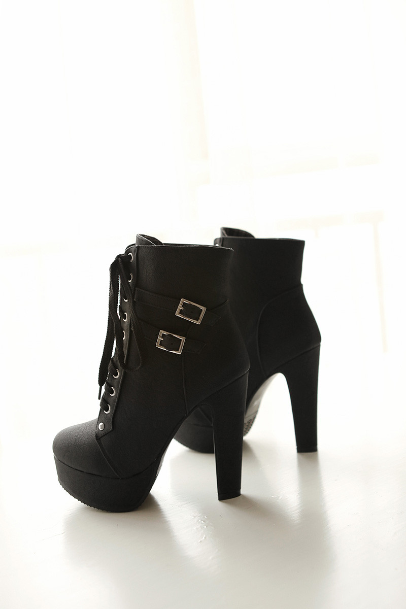 Casual Buckle Straps Lace Up Thin High Heel Boots on Luulla